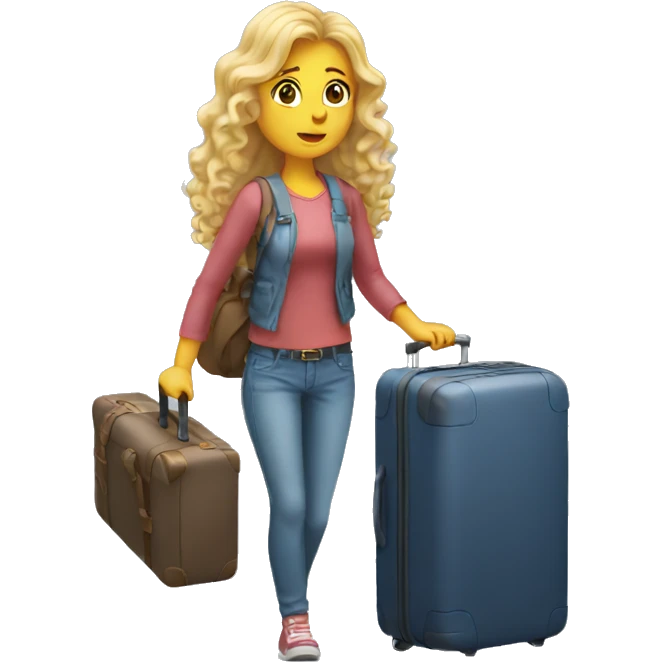 Blonde girl with curly long hair carrying luggage with a confused look emoji