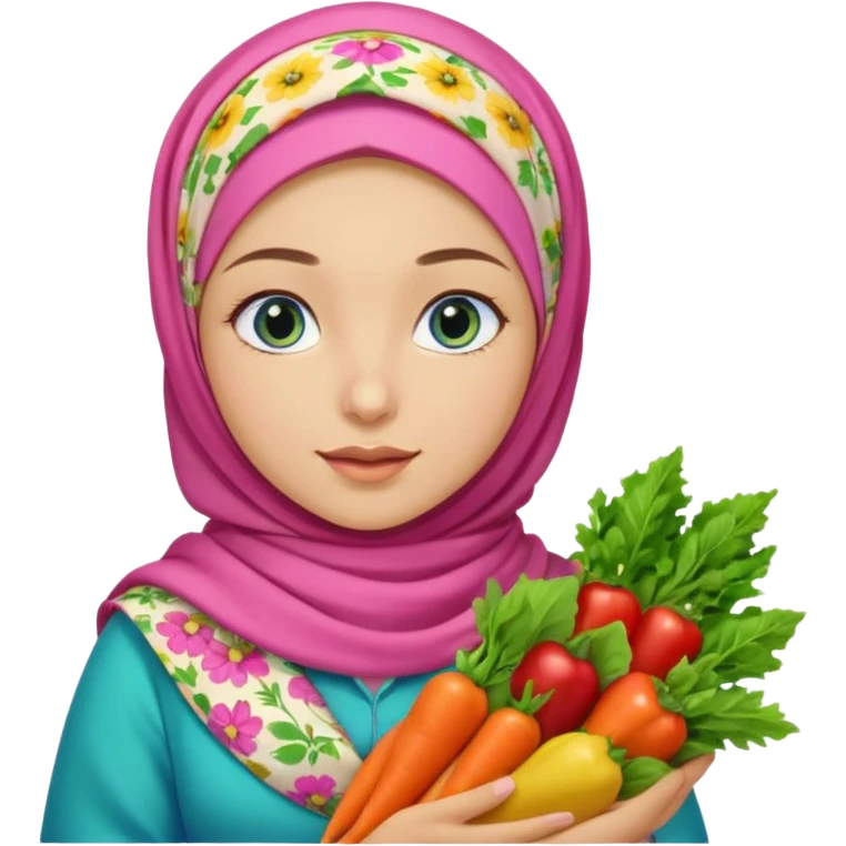 Turkish beautiful finish Konya girl blue eyes with floral pink and yellow hijab and green red dress and she had on her hand vegetables  emoji