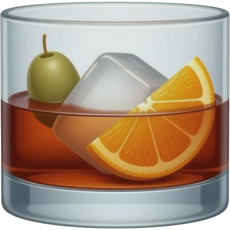 A short whiskey glass 3/4 full with dark red vermouth. It has a big block of ice, an olive and a thin slice of orange in the glass too emoji