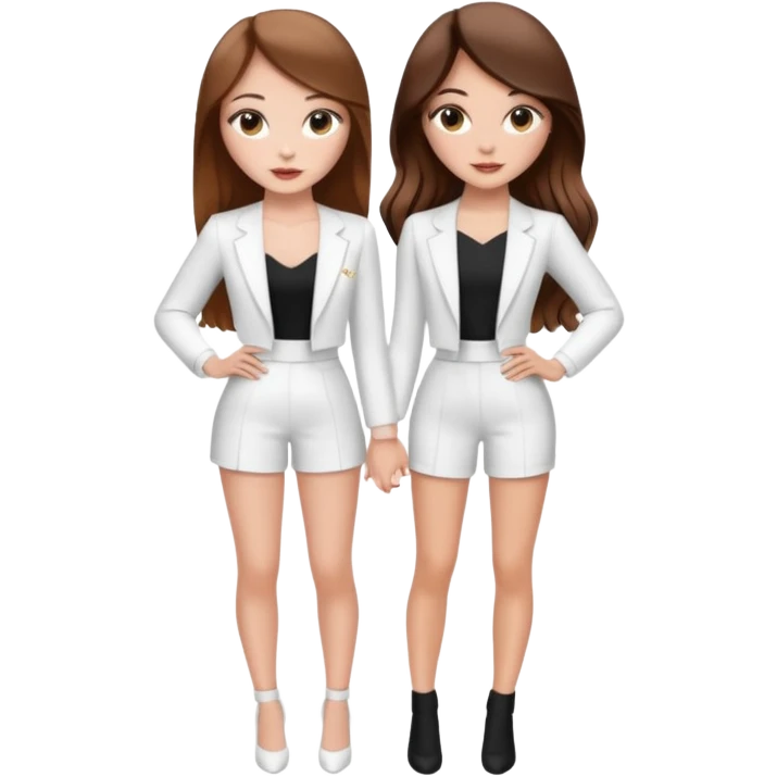 👯‍♀️ generate this emoji, as two white girls, bffs, the same pose but maybe the outfit cuter. we are models. both with brown hair. one girl in white outfit, the other in black. luxury outfits  emoji