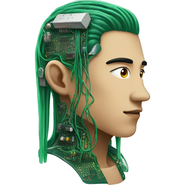 Head of Asian male cyborg with long green hair and circuits emoji