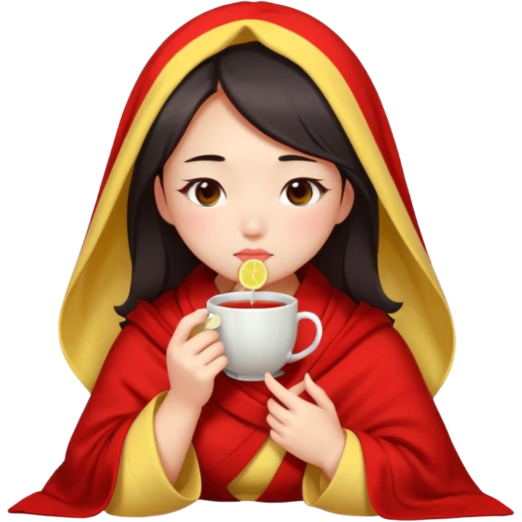 cute and sexy chinese girl, feeling sick up, nose and cheecks red by blush, covered by blanket, drinking tea with lemon emoji