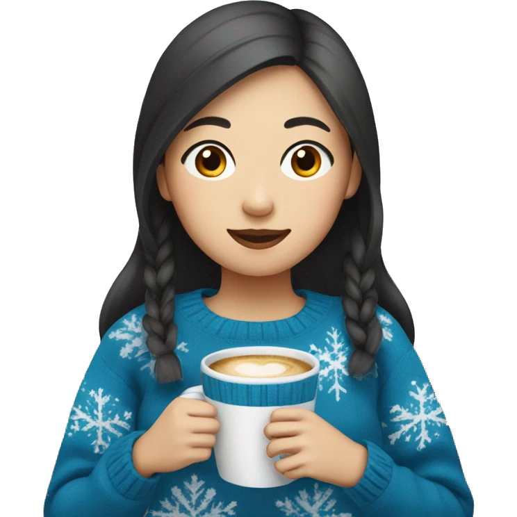 Asian girl drinking coffee wearing blue Christmas sweater emoji