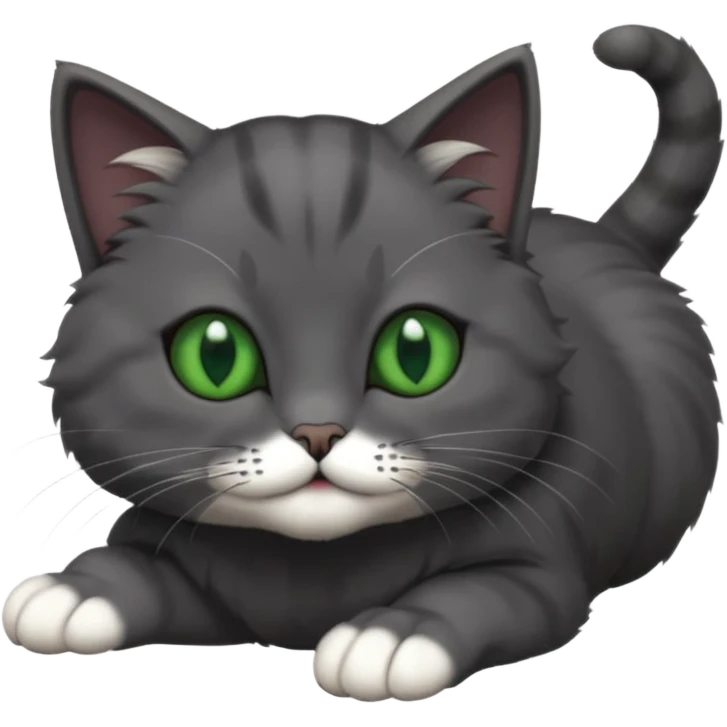 solid dark grey cat with green eyes, completely solid grey face, white toes/paws playfully rolling upside down emoji