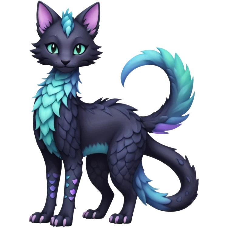 Kawaii black pastel iridescent beautiful pretty elegant divine edgy fantasy feline-vernid-sergal-fursona animal creature with a tufted tail full body with intricate markings  emoji