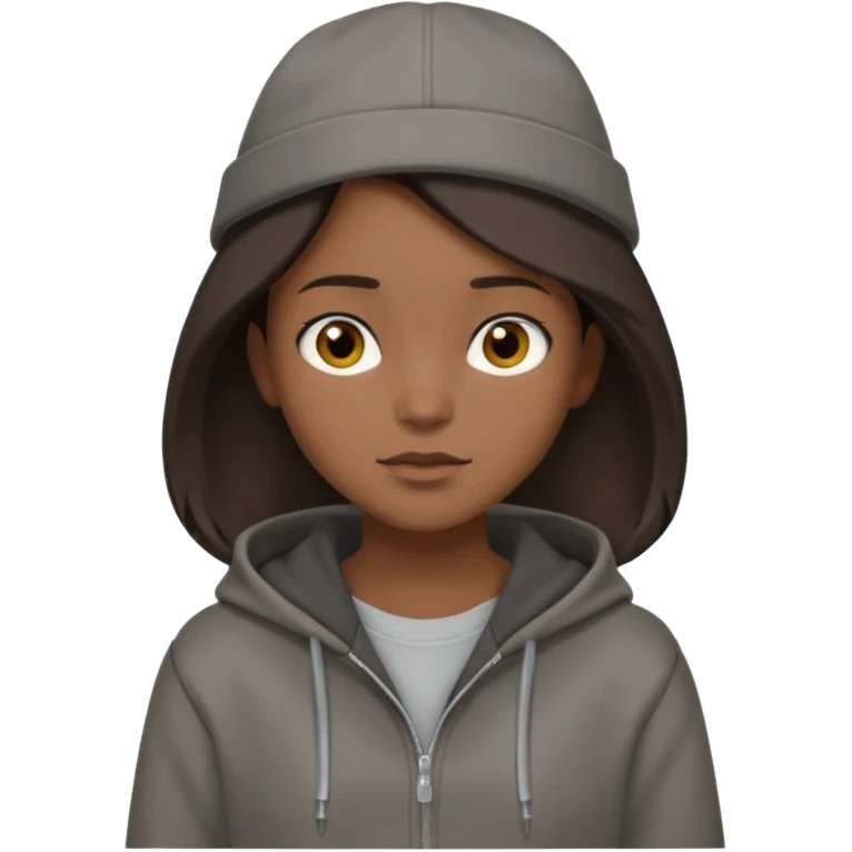 Hobo tomboy with shoulder-length center-parted dark brown hair. brown eyes, dark dull brown hoodie, grey shirt. Flat crown bolero hat emoji