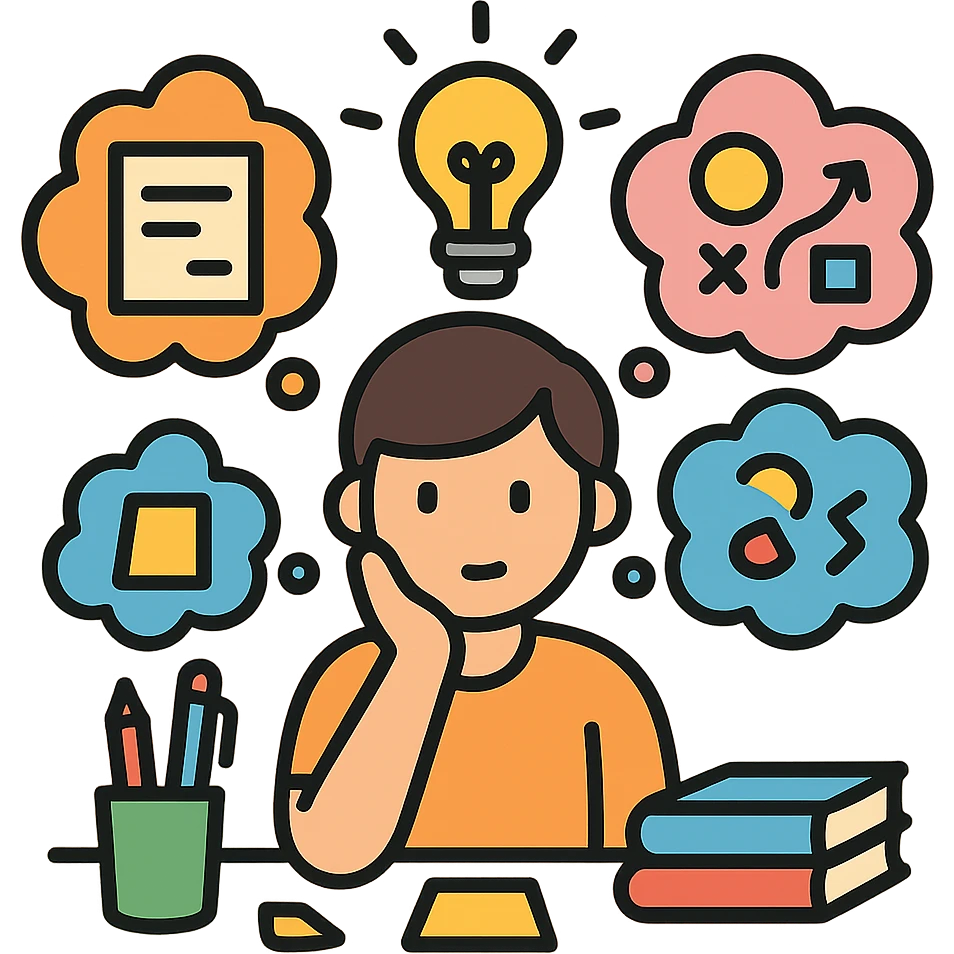 curious individual brainstorming ideas, surrounded by thought bubbles filled with sketches, notes, and abstract concepts, bright light bulb above their head symbolizing inspiration, cozy workspace with creative tools like pens, sticky notes, and books, color outline icon style, 4:5 aspect ratio emoji