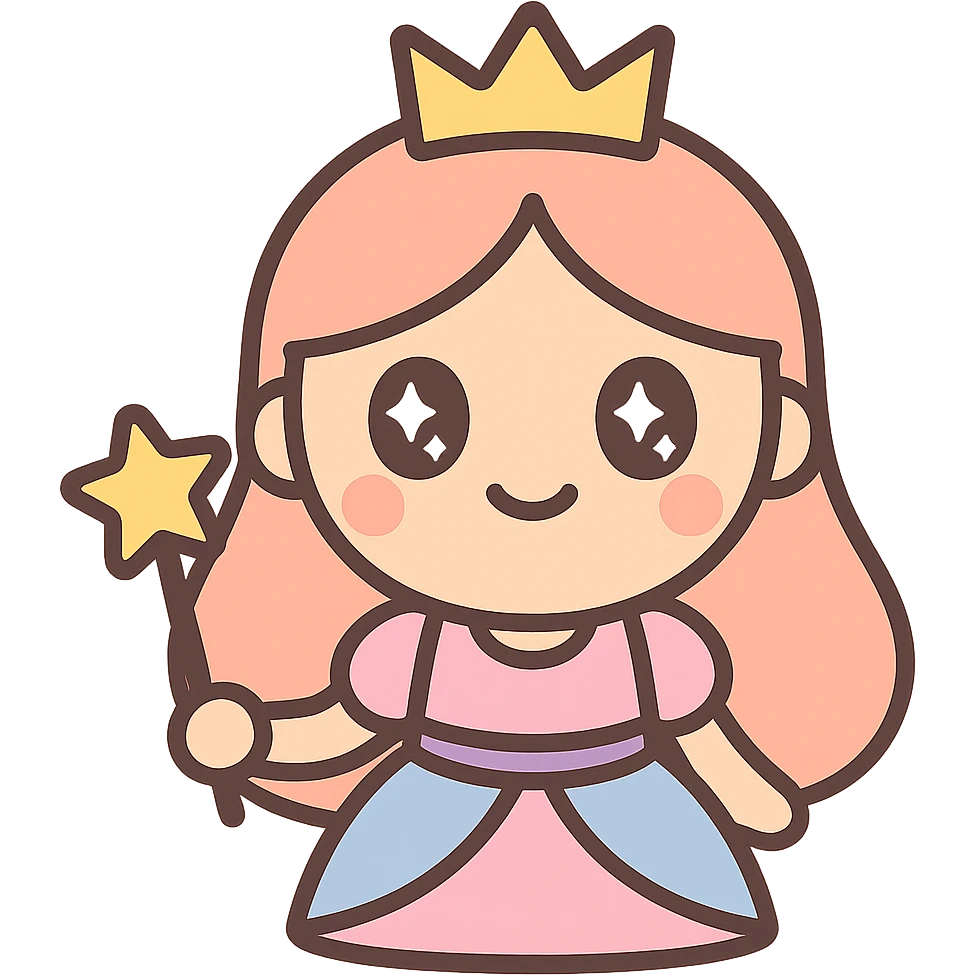 cartoon-style princess emoji with long hair, wearing a golden crown, smiling softly, dressed in a royal gown, holding a magic wand, kawaii style emoji