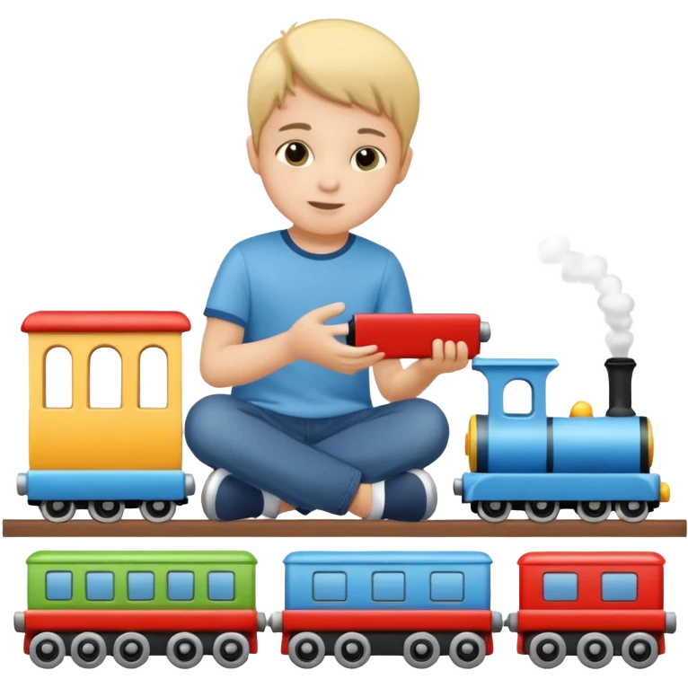 child playing with both toy cars and trains emoji