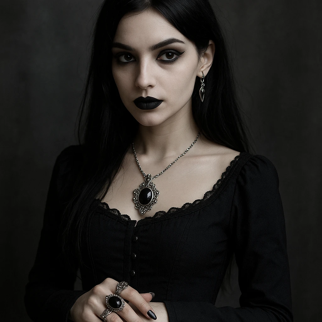 gothic girl, gothic style, black dress, silver jewelry, mysterious expression emoji