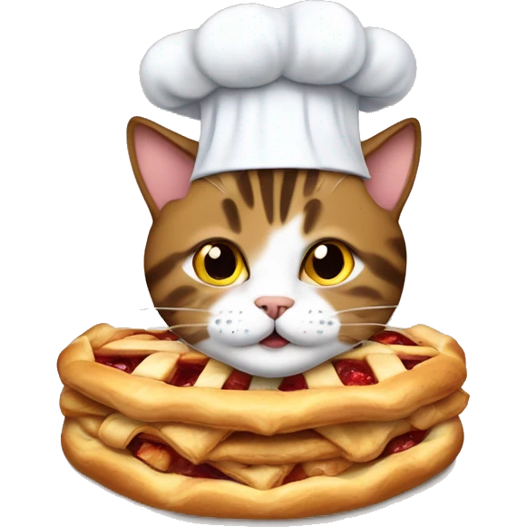 brown tabby cat with white paws wearing an apple pie on his head emoji