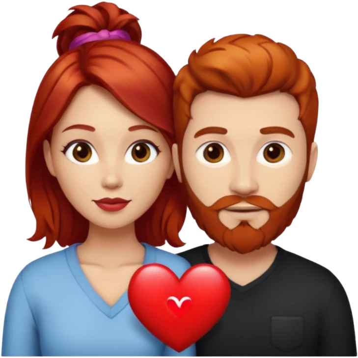 👩🏼‍❤️‍👨🏽 Something like this, but make the guy more lighter and give the girl a bit more red hair like ginger style make the guy have dark brown hair, same with the beard and add a heart in the middle above us make the guy have brunette beard and hair emoji