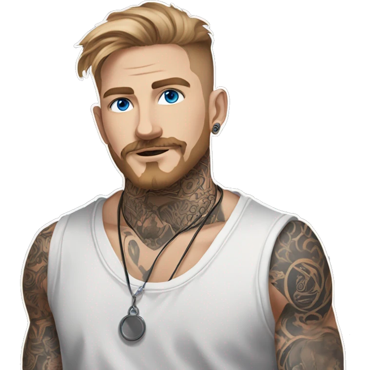 Man with Light brown hair, neck tattoos, arm tattoos, mustache and beard, blue eyes, silver nose piercing hoop, black anime graphic tee emoji