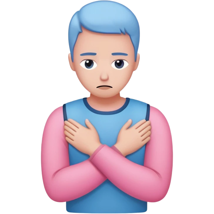avoidant person with guarded neutral expression and slightly distant eyes, body posture leaning away with arms crossed creating emotional barrier, small shield or wall symbol nearby, phone face down being ignored, minimal soft rounded design with gentle blue and pink colors matching anxious attachment style emoji