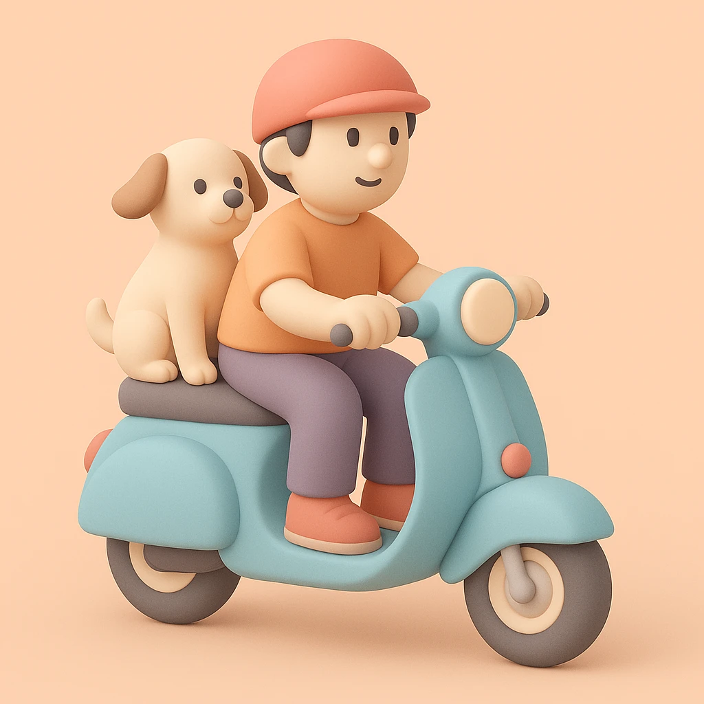 man and his pet dog riding a vespa emoji