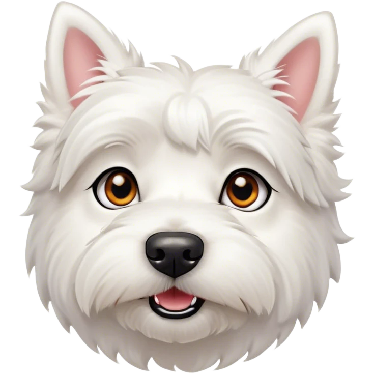 Cinematic Cute West Highland White Terrier Portrait Emoji, Head tilted playfully and inquisitively, featuring a fluffy, immaculate white coat with perky ears, round, sparkling dark eyes filled with curiosity, Simplified yet irresistibly adorable features, highly detailed, glowing with a warm, friendly glow, high shine, affectionate and lively, stylized with a touch of whimsy, bright and endearing, soft glowing outline, capturing the essence of a mischievous yet loving pup, so playful it feels like it could bound out of the screen and into your arms! emoji