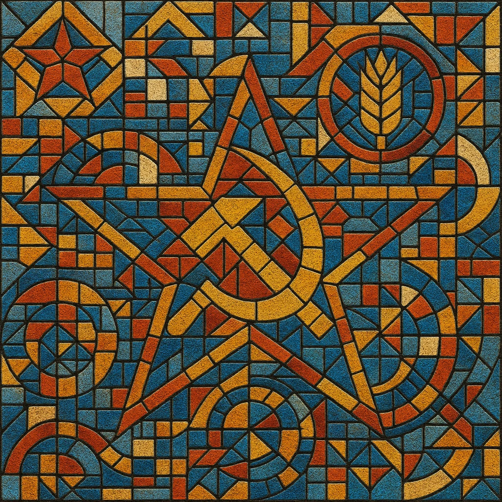 Soviet mosaic pattern in the style of Kerama Marazzi ceramic tiles, intricate geometric shapes, vibrant colors emoji