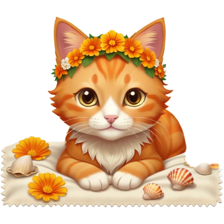 A fiery orange kitten with sun-kissed fur, wearing a tiny flower crown made of marigolds, lounging on a warm beach towel, surrounded by seashells, golden sparkles, and glowing summer sun. emoji