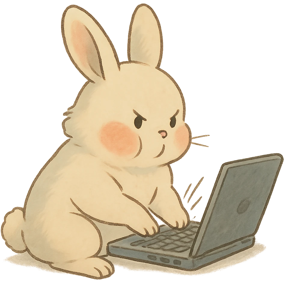 vanilla bunny typing fast, cheeks puffed, soft Ghibli style emoji