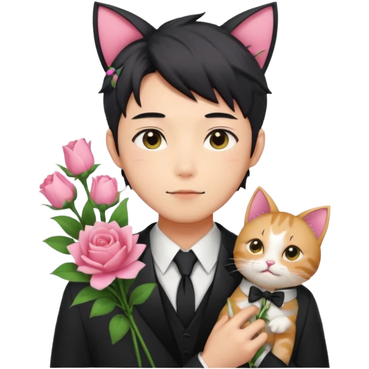 Gorgeous romantic anime style Asian formal modern shojo guy with cat ears and flowers and blushing face aesthetic trending style outside emoji