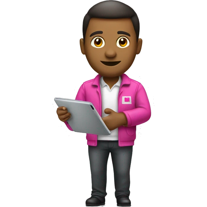 full body picture of tmobile company employee, watching a tablet emoji