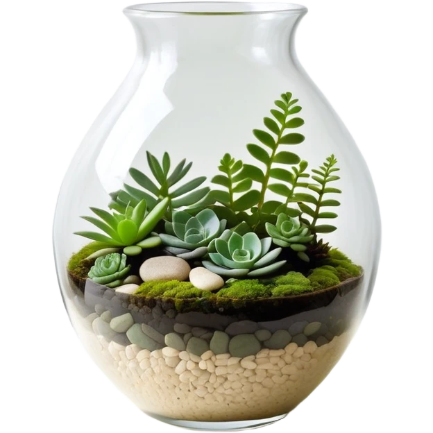 A clear glass vase containing a terrarium with moss, small ferns, and tiny succulents, arranged in a minimalist style inspired by Jean Arp's organic compositions. The plants should be arranged in a balanced, asymmetrical way with smooth curves and natural flow. The glass vase should have a simple, elegant shape with subtle reflections. Natural lighting from above, creating soft shadows on the moss and plants. The background should be clean and neutral --chaos 10 --ar 9:16 --v 7 --stylize 350 emoji