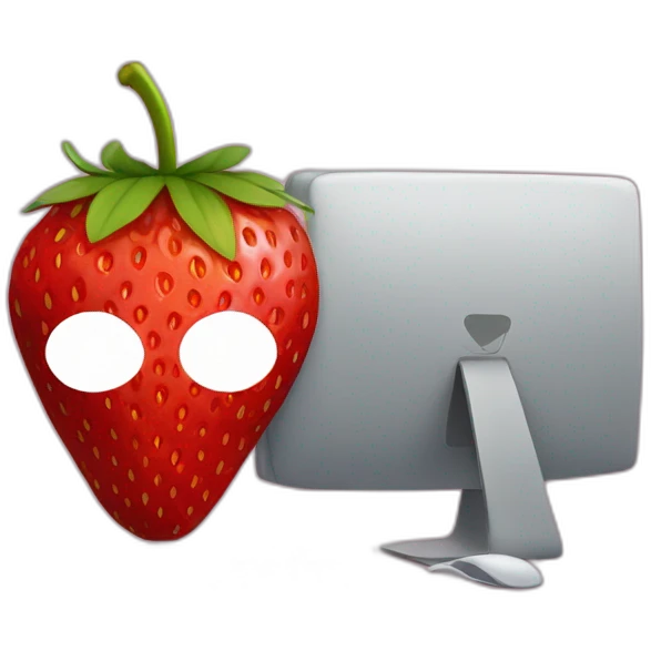 a strawberry with the body of a man with eyes a mouth a nose and everything else the strawberry is in front of a computer with a mask that hides his eyes so that we don't recognize his face emoji