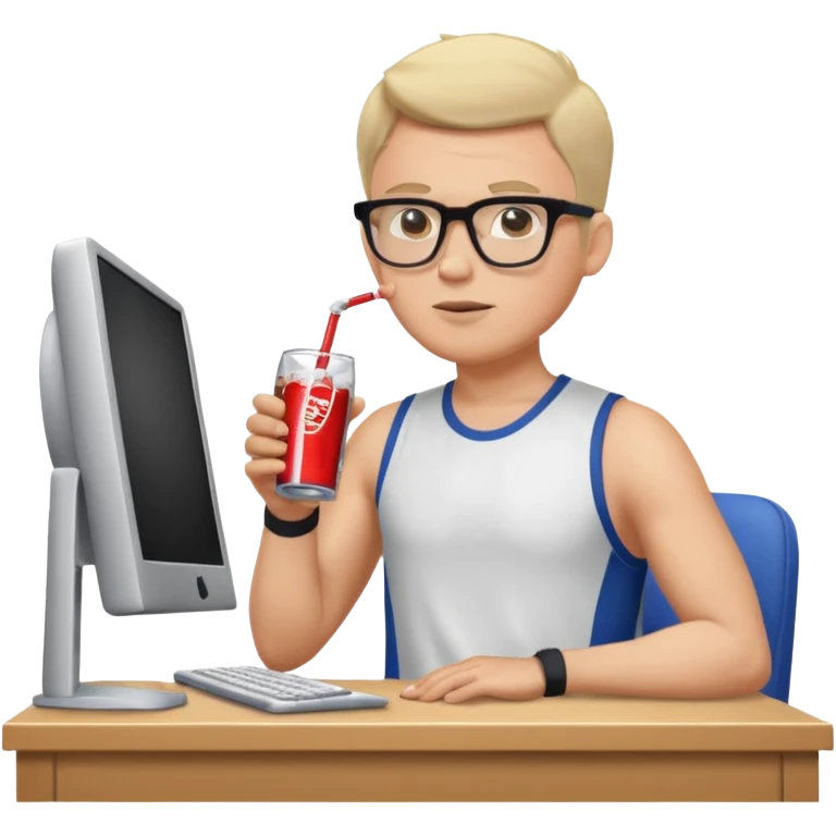 Hombre blanco con gafas tomando un refresco frente a un ordenador con ropa de deorte emoji