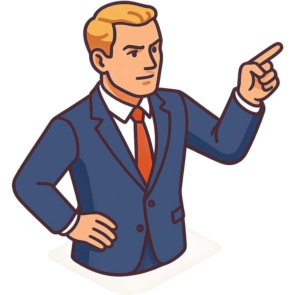 Confident male leader, Caucasian, short neat blonde hair, sharp eyes, indigo jacket, one arm raised gicing direction, waist-up, front-facing emoji