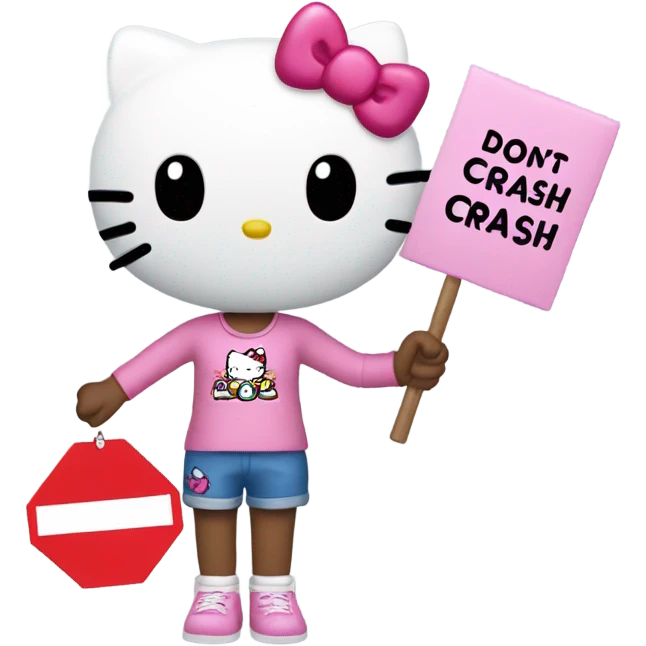 Hello kitty with a sign that says “don’t crash OUT” emoji