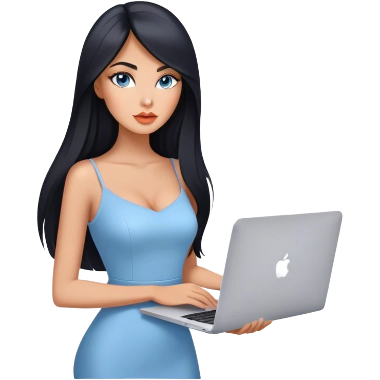 Glamours tanned very beautiful girl with pump peach nude lips and black straight smooth long hair, blue-grey eyes in beautiful clothing with MacBook emoji