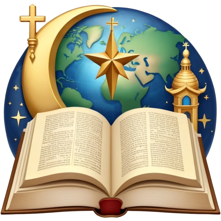 An icon featuring religious symbols like a cross, crescent moon, and star, alongside an open book, symbolizing the study of religion. The design includes a globe and a temple in the background, representing global faith traditions and spiritual exploration. Transparent background emoji