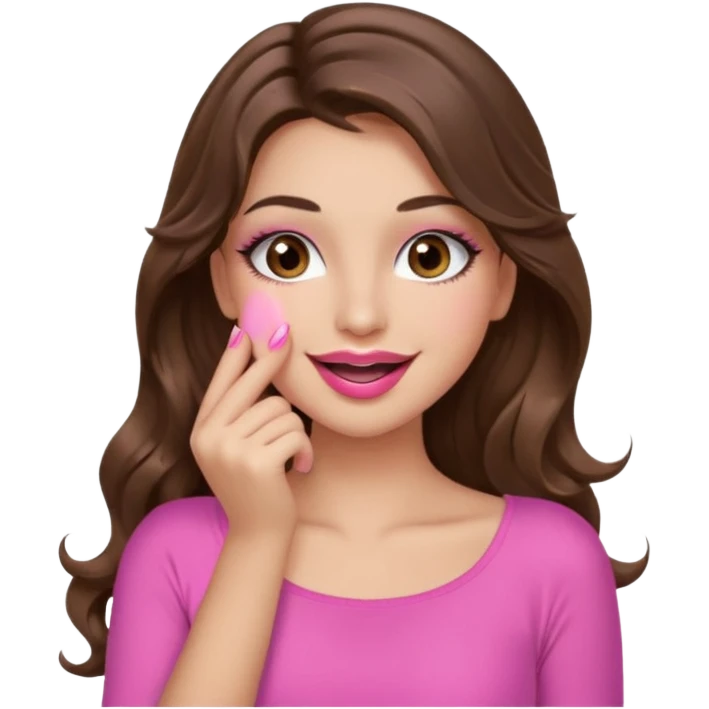 girl with long wavy brown hair, brown eyes, long lashes makeup, sexy pink lips, light to medium complexion, pink sexy top, smiling, hand covering mouth emoji