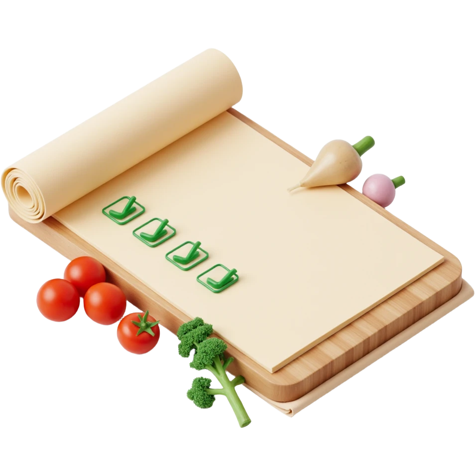 floating rolled paper list with green checkboxes and around vegetables emoji