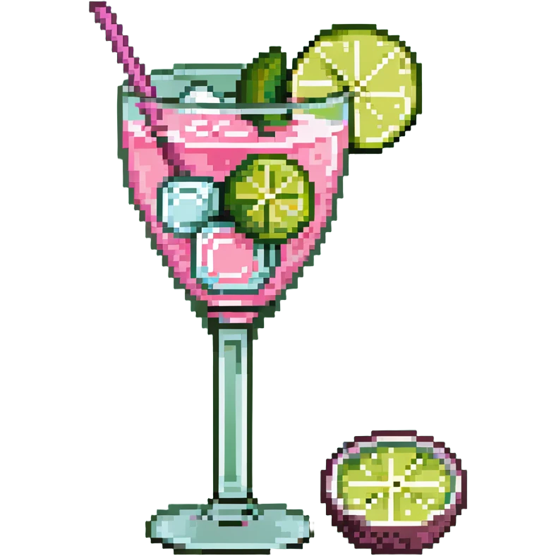 pink cocktail in tall glass with ice cubes and lime slice emoji