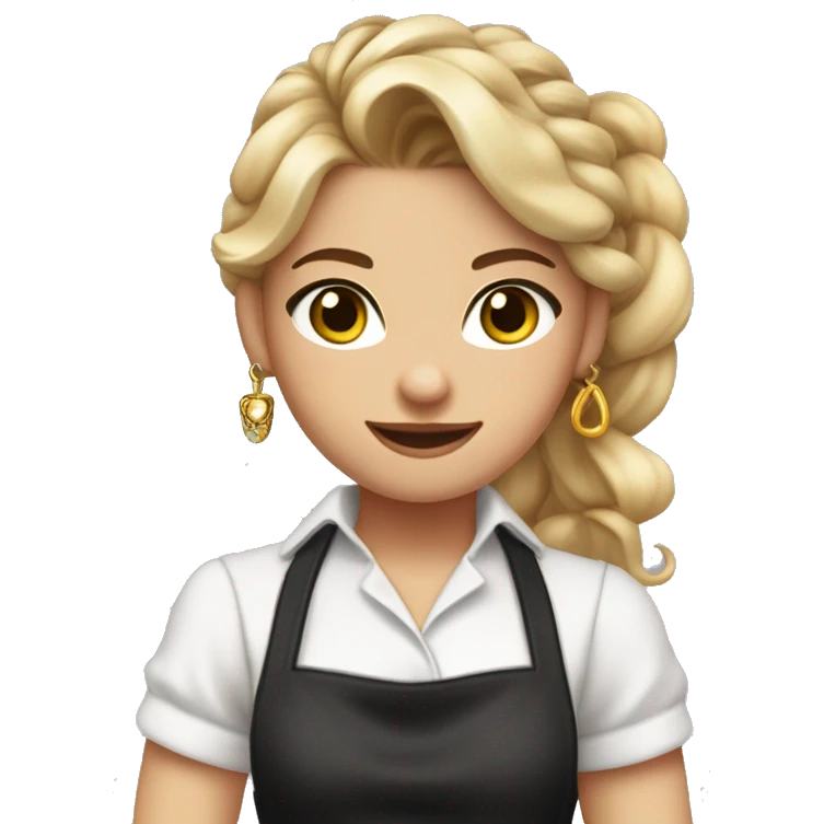 Waitress with white shirt and black apron, curly dirty-blonde hair in a long pony tail, hazel eyes, LOTS of bohemian jewelry and bracelets  emoji