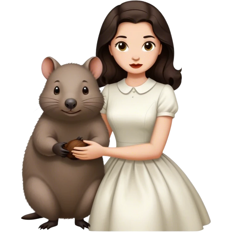 Beautiful woman in 1950’s woman fashion look, white dress, long dark brown hair, wombat emoji