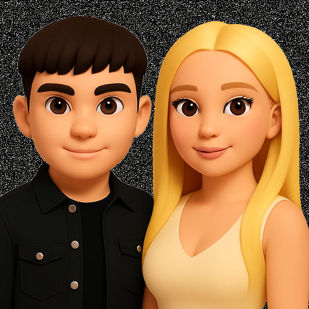 Slightly increase the volume of the upper body of the girl, slightly turn her to face forward, and make the skin color uniform. Maintain the cartoonish 3D style as in the reference image. emoji