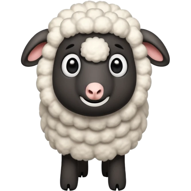 Cute cartoon sheep inspired by Shaun the Sheep, fluffy white wool, big round eyes, black face, with hand and legs emoji