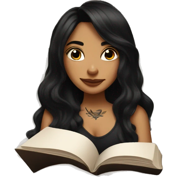 Girl with long black hair and tattoos reading a book in bed wearing black  emoji