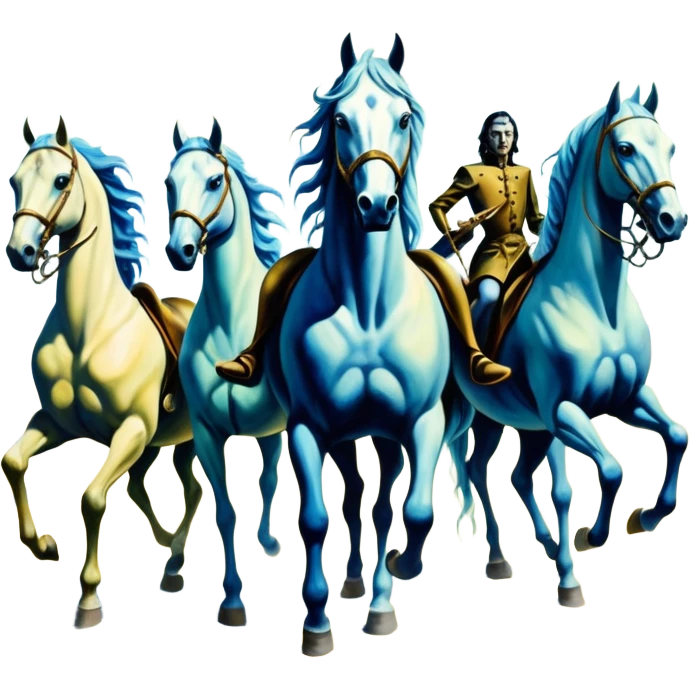 cinematic ultra HD, mysterios style, oil paint - The Four Horsemen of the Apocalypse in the artistic style of Salvador Dali emoji