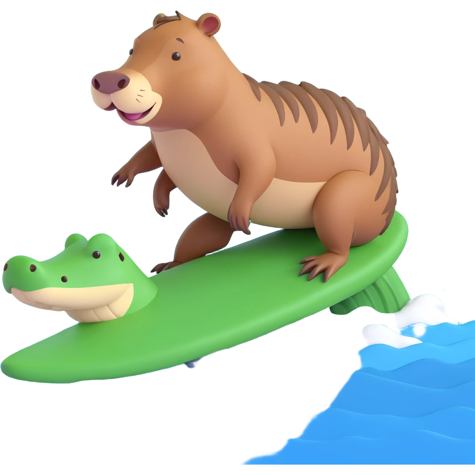 a cute capybara surfing on a crocodile, 3D cute style emoji