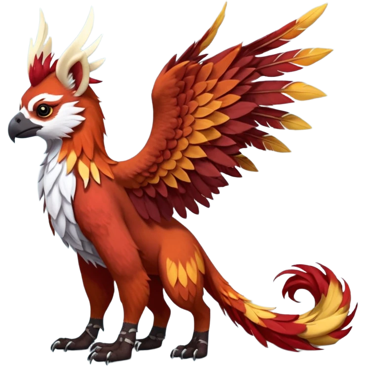 4-legged realistic digitigrade scaly winged long-big-beaked Gryphon-Griffin-Griffsnuff-Talonflame-Silvally-Braviary-Red-Panda-fusion-hybrid-animal-Fakémon-creature, full body, with a long thin tufted lion-tail, long tufted winged feathery ears emoji