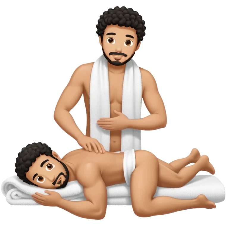 Gebräunter Manm nur mit handtuch um den unterkörper (araber mit schwarzen locken und ziegenbart) bekommt fußmassage von einem anderen mann emoji
