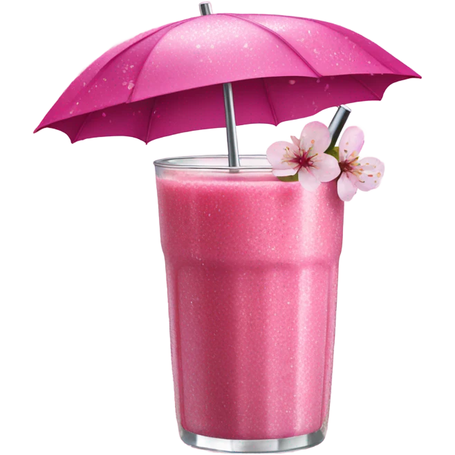 Hot pink smoothie with glitter, cherry blossom, and straw with umbrella  emoji
