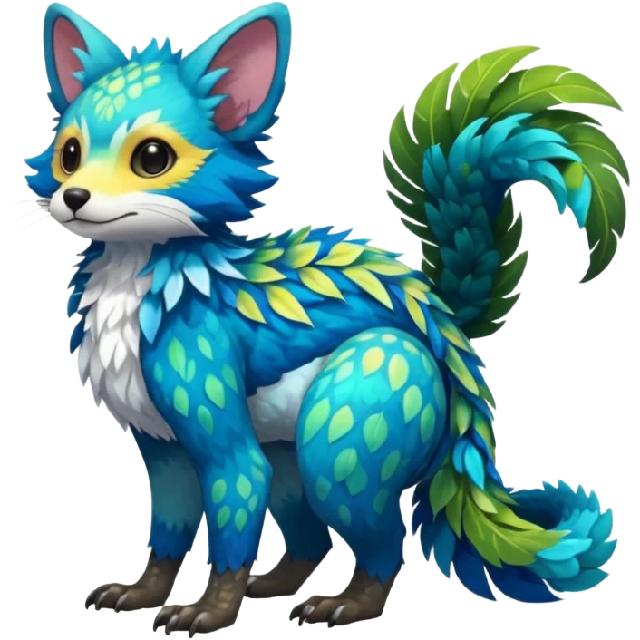 Colorful tropical exotic shiny beautiful fantasy-Trico-Cacomistle-oncilla-animal-Fakémon-hybrid-fursona (full body) emoji