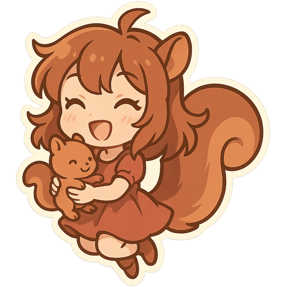 chibi stickers style squirrel girl with a bushy tail, holding a baby squirrel, energetic and happy emoji