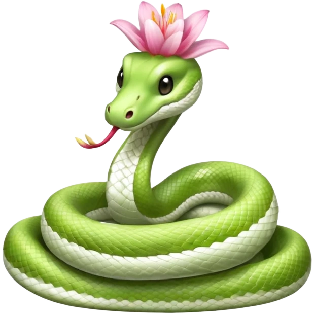 A cute, friendly, fluffy, light green and white snake
with a pink lily flower on its head
(no sting) emoji