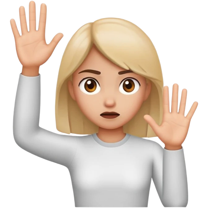 girl looking annoyed, palm raised to signal stop emoji