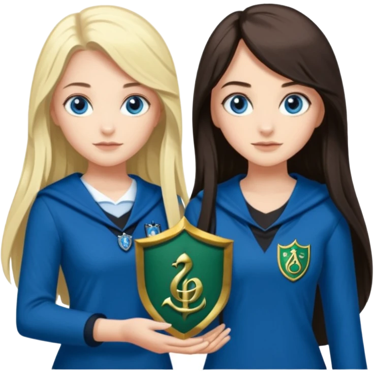a pretty ravenclaw girl with long dark brown hair and blue eyes standing with a hot Slytherin girl with long blonde hair, blue eyes and big boobs  emoji